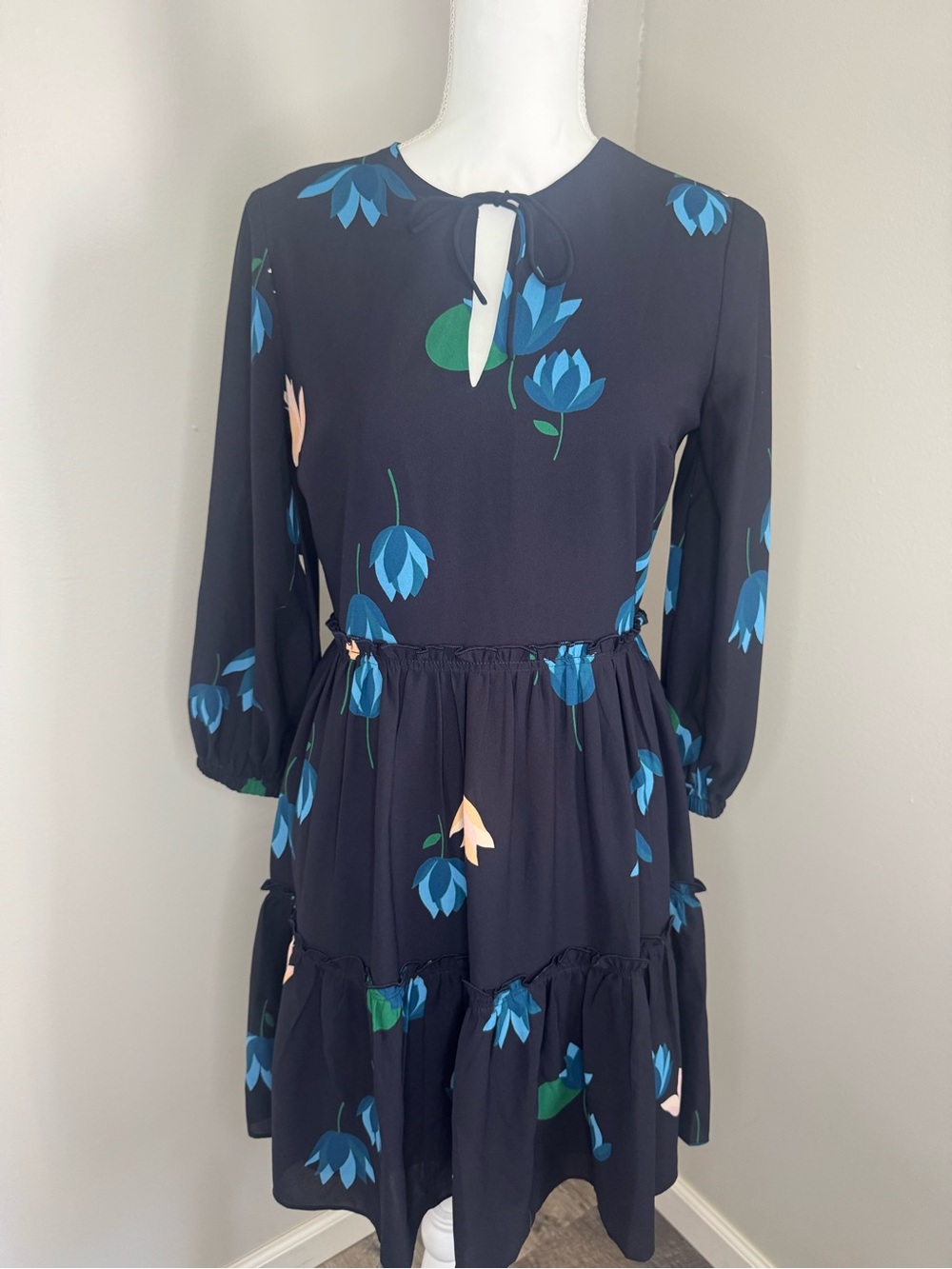 Ann Taylor Navy Long-Sleeve Floral Tie-Neck Dress